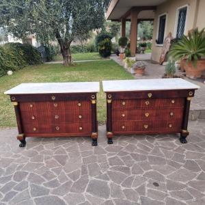 Coppia di cassettoni in mogano primo Impero 1810 marmo bianco