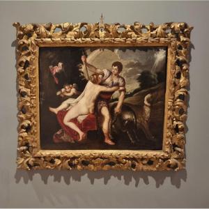 Olio su tela del 600 Venere e Adone Padovanino 1588-1649 da tema Tiziano
