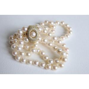 Two Row Pearl Necklace With Diamond Clasp In 18k Gold