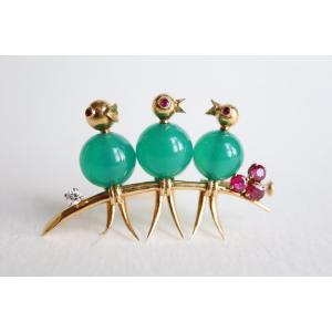 Mellerio Bird Brooch In 18 Kt Yellow Gold Chrysoprase, Ruby, Diamond 1950