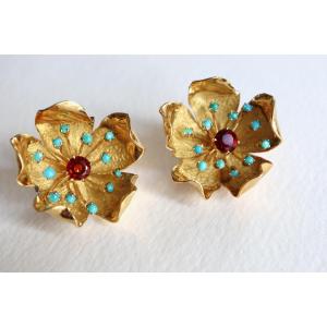 Gold Flower And Turquoise Citrine Madeira Stone Ear Clips