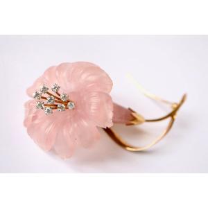 Betettini Liseron Brooch In Rose Quartz, Diamonds And 18 Kt Yellow Gold