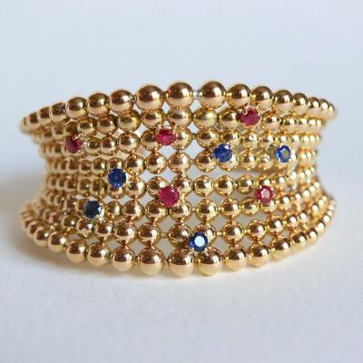 Boucheron Semi-rigid Open Balls Bracelet In 18k Yellow Gold, Sapphires And Rubies