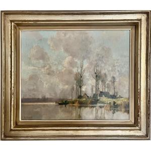 Alexandre Louis Jacob, Clouds Over The Marsh, Oil On Panel