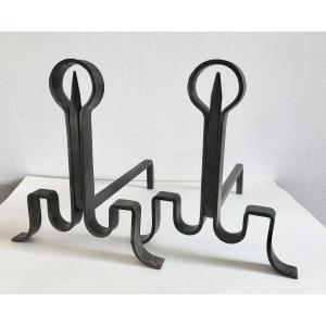 Pair Of Modernist Andirons Attributed To Adnet