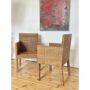 Pair Of Rattan Armchairs, 1950, In The Style Of Jean-michel Frank