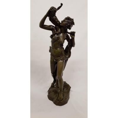 Bronze Sculpture Fernand Joseph Job Hamar (1869-1943), Bacchantes Avec Un Petit Faune