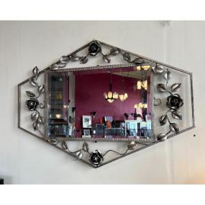 Large Art Deco Mirror In Elongated Hexagonal Shape With Beveled Ice (art Deco Mirror 1930)