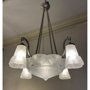 Art Deco Müller Frères Lunéville Chandelier {signed} With Tulips And Polylobed Basin (1930 Deco