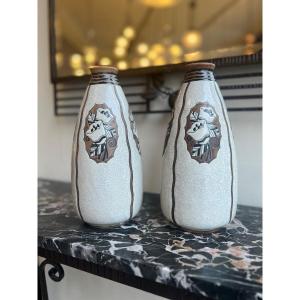 Rare Pair Of Art Deco Vases Charles Catteau / Kéramis D.914 In Sandstone (art Deco Vase 1930) 