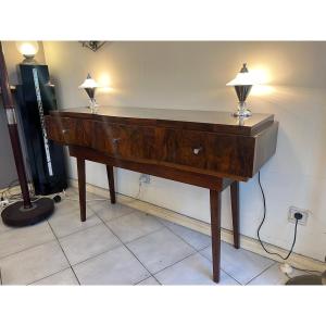 Art Deco Console In Polished Flambé Walnut Buffer French Work (art Deco 1930)