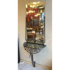 Console And Its Art Deco Mirror In Wrought Iron / Marble And Brushed Steel (art Deco Mirror 1930)