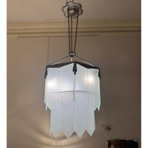 Art Deco Chandelier With Sandblasted Glass Plates And Nickel-plated Bronze (after Edouard Schenck) 1930 