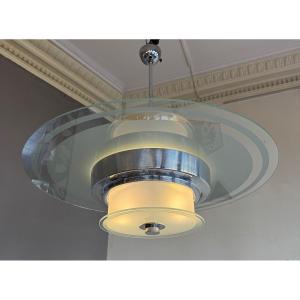Modernist Art Deco Chandelier With Sandblasted Glass Disc / Optical And Chromed Metal (art Deco 1930)