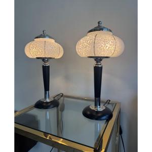Pair Of Art Deco Lamps From Verreries De Clichy / Stained Wood And Chrome (1930s Art Deco Lamp) 