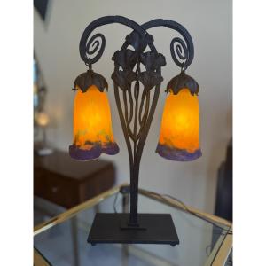 Important Transitional Art Nouveau / Art Deco Ginkgo Biloba Double Tulip Lamp Signed Müller 