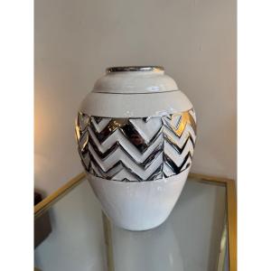 Large Art Deco Vase Odyv (vierzon) Cracked Earthenware With Chrome Decoration (art Deco Vases 1930