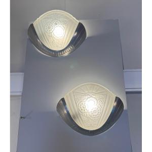 Pair Of Art Deco Wall Lights Signed Viarme France / Nickel-plated Bronze (art Deco Wall Light 1930) 