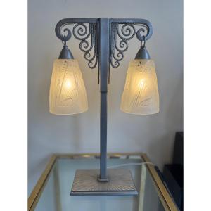 Important Art Deco Double Lamp Müller Frères And J. Vandôme Signed (art Deco Lamps 1930)