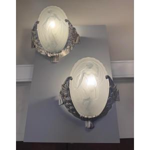 Important Pair Of Art Deco Wall Lights “les Danseuses” Signed Müller (art Deco Wall Light 1930)