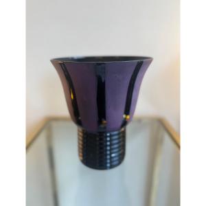 Flared Art Deco Vase In Black Hyalite Glass And Purple Sandblasted Decoration (art Deco Vase 1930) Tr Fr