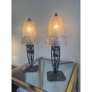 Pair Of Art Deco Lamps Signed Hettier-vincent / Wrought Iron And Glass (art Deco Lamp 1930) 
