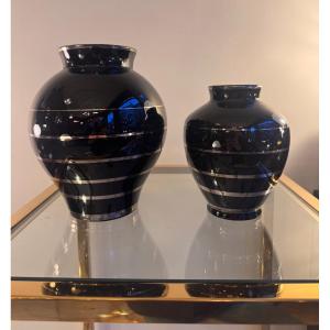 Set Of Art Deco Vases Signed Boch Frères La Louvière - Keramis / Black And Chrome (1930) 
