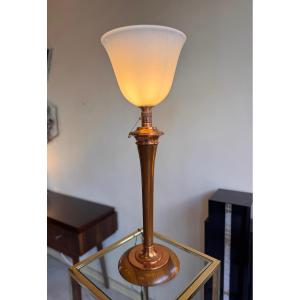 Large Art Deco Mazda Lamp In Mahogany / Copper Trim And Pull Chain System (lamp 1930) 