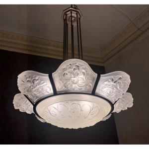 Important And Rare Art Deco Chandelier With 8 Panels / 1 Bowl Signed Sabino Paris (art Deco 1930) 
