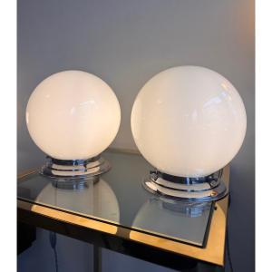 Pair Of Art Deco Modernist "ball" Lamps In White Opaline Glass / Chrome (art Deco Lamp, 1930s)