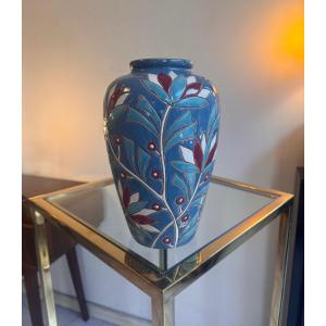 Art Deco Vase "the Lotus" In Polychrome Glazed Earthenware / Belgian (art Deco Vases 1930) 