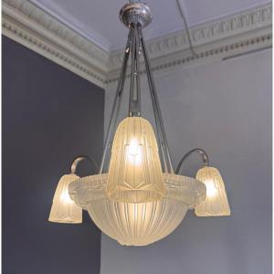 Art Deco Chandelier Signed Georges Leleu “jehel” (1883 - 1961) In Nickel-plated Bronze (art Deco 1930)