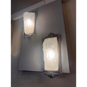 Pair Of Art Deco Sconces By Verreries Belges Et Lustrerie Bruxelloise / Bronze ( Sconce 1930 )