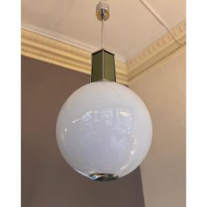 Modernist 1940s Art Deco Hanging Lamp In White Opaline And Chromed Metal + 1930s Art Deco Mirrors