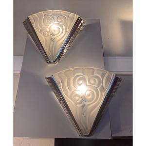 Pair Of Art Deco Sconces Degué & Ateliers Petitot « Les Virgules » ( Wall Lights Art Deco 1930