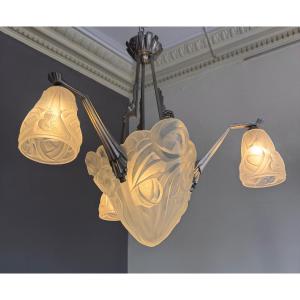 Art Deco Chandelier With Three Tulips And A Shell Signed Degué (david Guéron : 1892-1950) Art Deco 1930