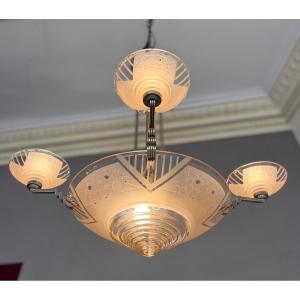 Art Deco Chandelier In Salmon Sandblasted And Transparent Polished Glass Signed Müller Frères ( Deco 1930 )