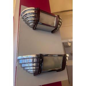 Pair Of Art Deco Modernist Sconces In Chromed Metal And Rosewood ( Art Deco Sconce 1930 )