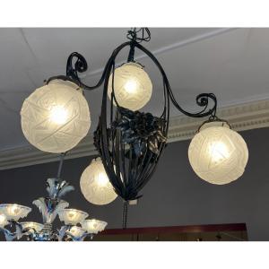  Art Deco Chandelier "geometric Balls" Signed Müller Frères (art Deco Chandelier 1930)