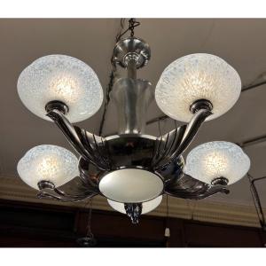  Art Deco Streamline Chandelier Verrerie De Clichy (suspension - Art Deco Chandeliers 1930)