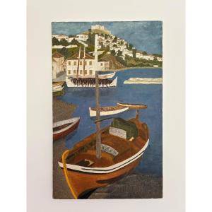 Marine, View Of A Mediterranean Port Signed Chevalier, 20th Century