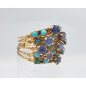 Harem Ring, Gold, Turquoises And London Blue Topaz. 