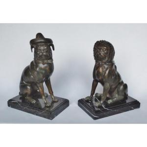 Pair Of Bronze Pugs, 20th Century.