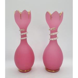 Pair Of Opal Crystal Vases With Pigeon's Throat Design, 19th Century.