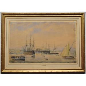 Mediterranean Port, 19th Century Watercolor.