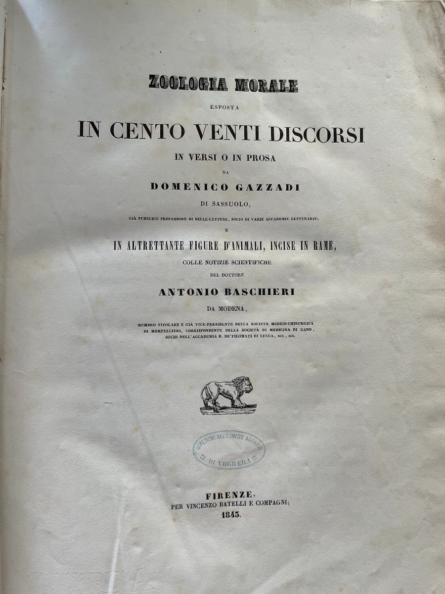 Libro "Zoologia Morale esposta in cento venti discorsi.. ". Battelli, Firenze 1843-photo-2