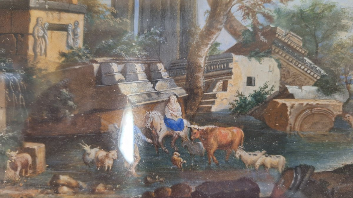Tempera su pergamena, Capriccio architettonico con figure XVIII Sec.-photo-2