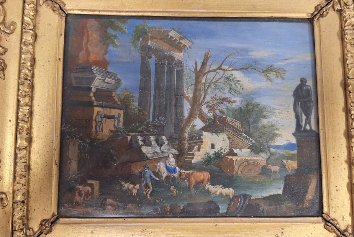 Tempera su pergamena, Capriccio architettonico con figure XVIII Sec.-photo-3
