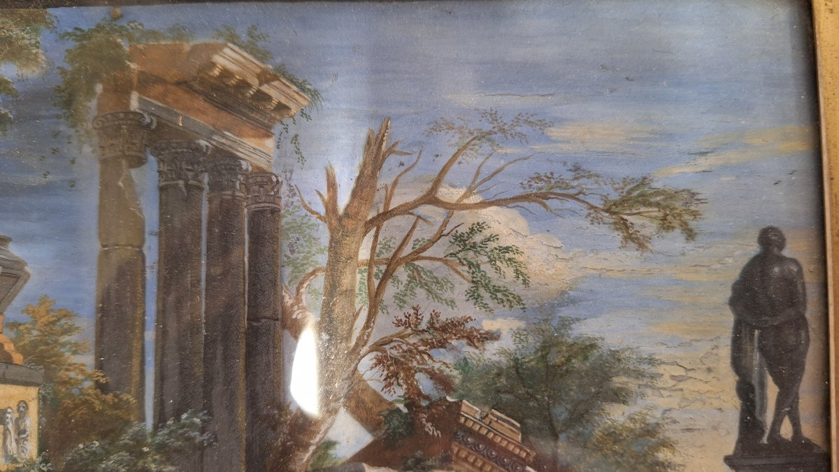 Tempera su pergamena, Capriccio architettonico con figure XVIII Sec.-photo-4