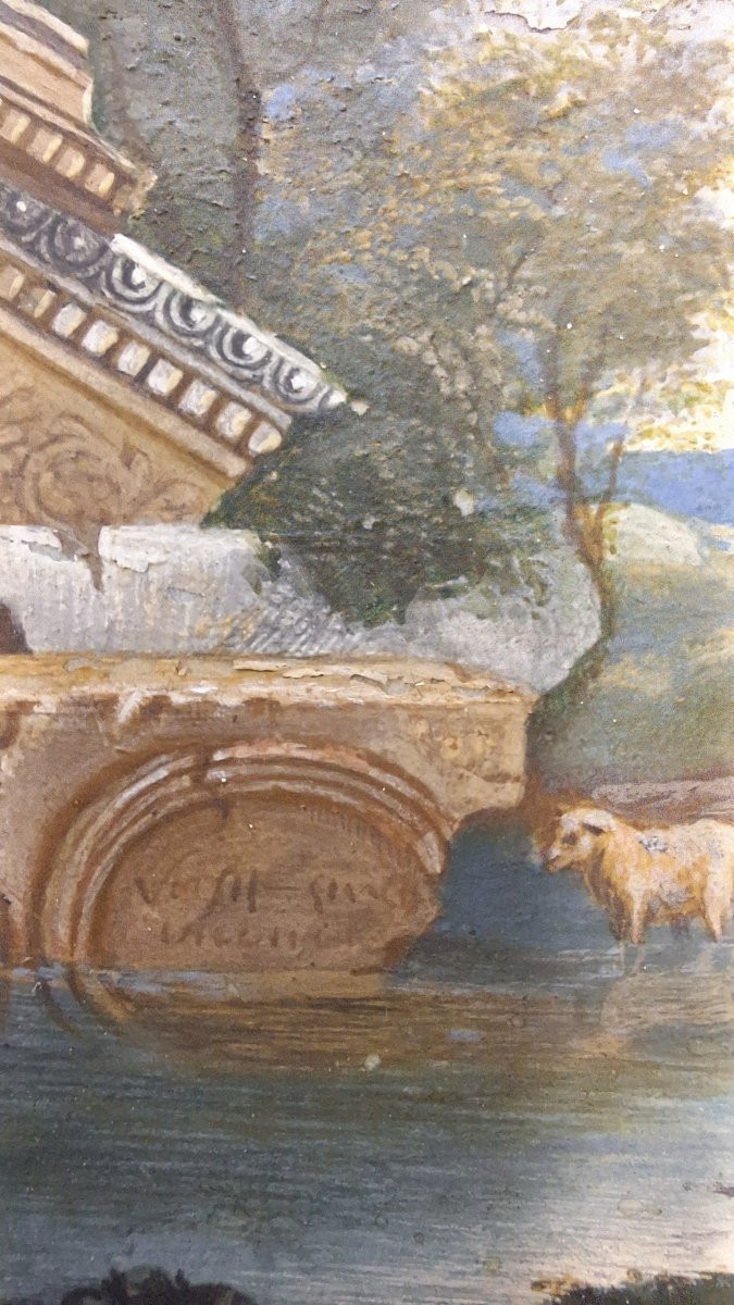 Tempera su pergamena, Capriccio architettonico con figure XVIII Sec.-photo-3